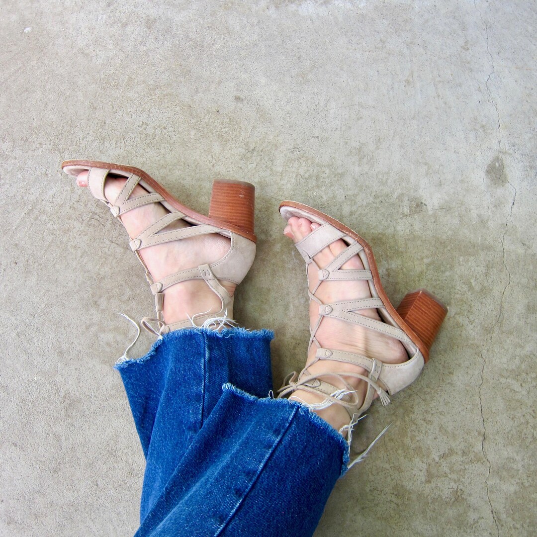 Suede Cage High Heel Sandals in Nude with Ankle Strap nude cage sandals high - Gem main image 2