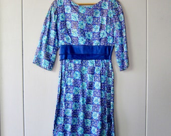 60s Floral Silk Cocktail Dress: Half Sleeve Party Dress