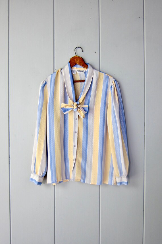 80s Striped Secretary Blouse | Yellow Blue Button 