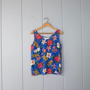 90er Jahre Blumen Print Seiden Tank Top | Buntes Blaues Blumenseide Tropical Tank Top