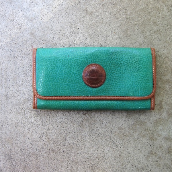 80s ESPRIT Wallet | Green Brown Pebble Faux Leather Wallet | Vintage Checkbook Wallet Coin Purse - VEGAN