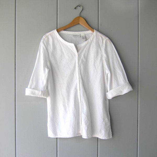 00s White Linen Button Up Shirt | Modern Long Sleeve Women's Cotton Summer Top - Large