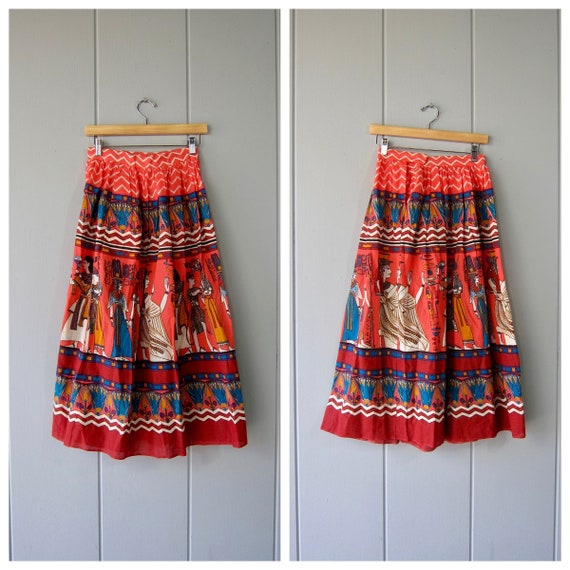 70s Egyptian Print Cotton Skirt | Colorful Skirt |