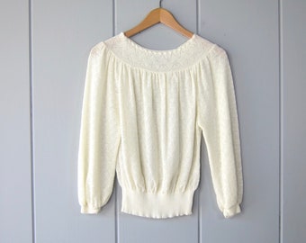 80s Cutwork Knit Sweater Top | Cream 3/4 Sleeve Sweater | Vintage Boat Neck Pullover Spring Knit Sweater