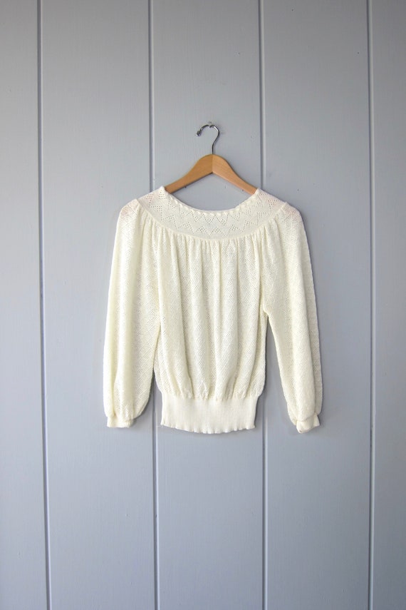 80s Cutwork Knit Sweater Top | Cream 3/4 Sleeve Sw