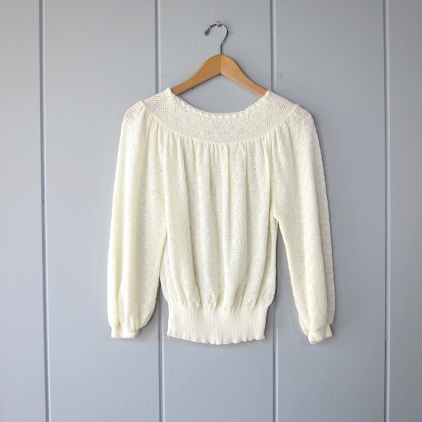 80s Cutwork Knit Sweater Top | Cream 3/4 Sleeve Sweater | Vintage Boat Neck Pullover Spring Knit Sweater