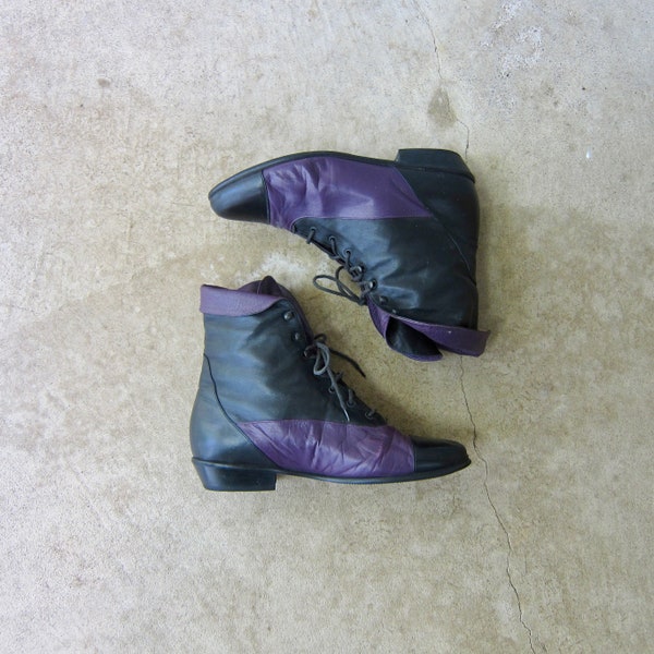 80s Black Purple Leather Booties | Vintage Fold Over Granny Boots | 1980s Colorblock Two Tone Leather Ankle Boots