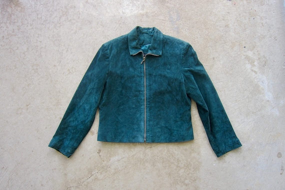 Dark Green Suede Jacket | 90s Zip Up Leather Coat… - image 2