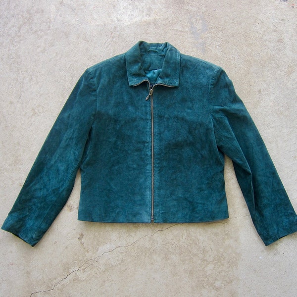 Green Suede Jacket | 90s Snap Up Leather Coat | Western Cropped Suede Jacket  - Women's Medium