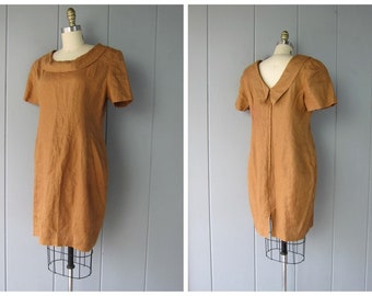 Vintage Brown Linen Dress | Jose Alvarez High Couture Dress | Short Sleeve Linen Sheath Dress