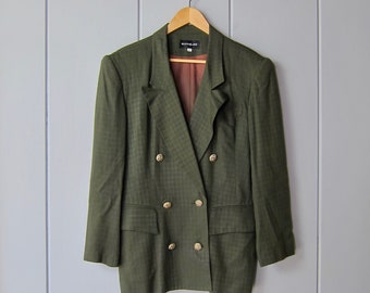 Army Green Women's Modern Blazer | 90s Classic Suit Jacket | Gold Double Breasted Pocket Coat | Rayon Embossed Blazer Jacket