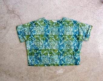 Vintage Hand Embroidered Boxy Oversized Boho Hippie Tribal Ethnic Blouse India Marketplace Green Blue Batik Embroidered Shirt with Pocket