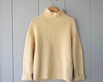 Vintage Handwoven Chunky Knit Sweater | Cream Natural Wool Fisherman Sweater | Textured Woven Wool Turtleneck Sweater | Hand Knit Sweater