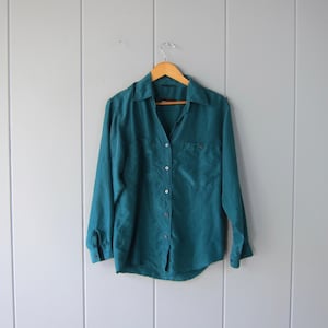 80s Green Silk Blouse Slouchy Long Sleeve Button Up Blouse