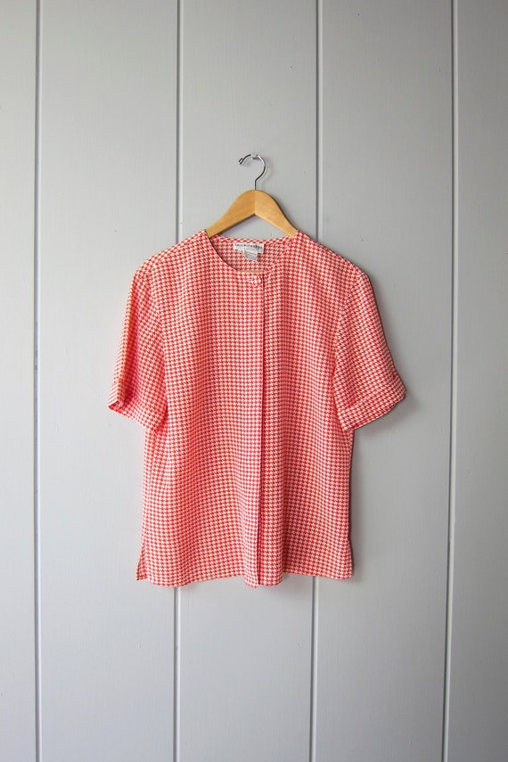 90s Red White Houndstooth Printed Blouse | Vintage