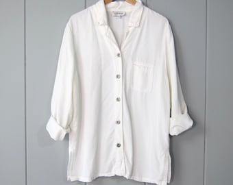 90er Jahre weißes TENCEL Shirt mit Knöpfen | Vintage Minimalist Langarm Shirt | Übergroße City Wear Loose Fit Bluse