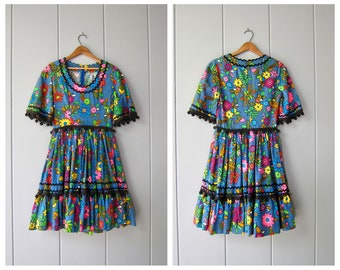 70s Flower Power Square Dancing Dress | Colorful Full Circle Rodeo Dress | Vintage Floral Fit and Flare Rockabilly Dress with Pom Poms