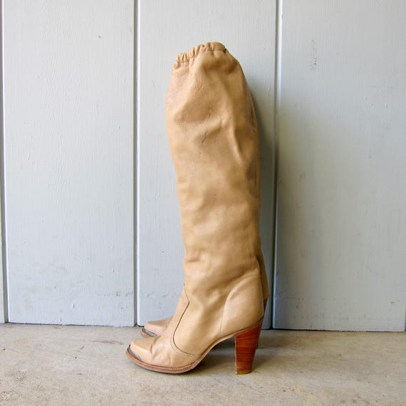 70s Tall Leather Boots | Vintage High Wooden Heel Western Boho Boots | 1970s Tan Leather Elastic Cuff Knee High Boots - 7.5 Women's