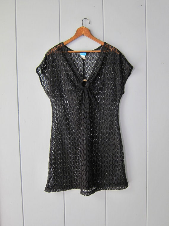 Black Open Knit Coverup Dress | 90s Cutwork Beach… - image 2