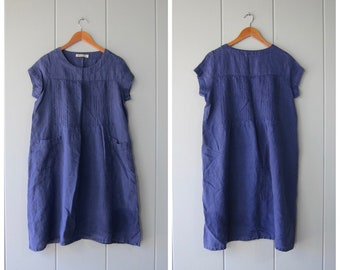 Minimal Blue Linen Sack Dress | Modern Cap Sleeve Babydoll Dress | Oversized Loose Fitting Sun Dress with Pockets