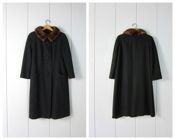 1950s Black Wool Knit Coat | Vintage Brown Fur Col