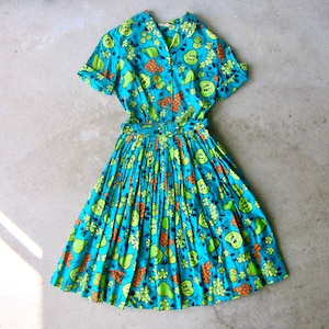 Vintage 1960s Cotton Two Piece Set: Green Fruit Print Top & Skirt