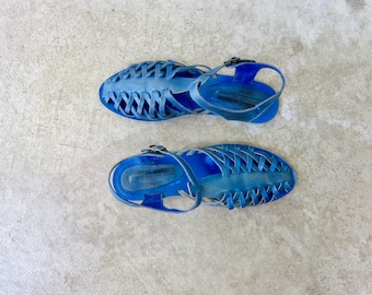 Sandales Harrache en cuir tressé bleues | Chaussures plates Huaraches années 80 en cuir avec bride en T | Chaussures en cuir à boucle vintage - Femmes 9,5 10