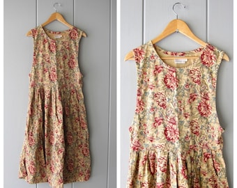 90s Floral Print Bib Dress | PIERRE CARDIN Frock Sundress | Cottage Chic Pleated Summer Picnic Dress