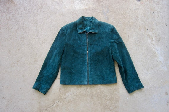 Dark Green Suede Jacket | 90s Zip Up Leather Coat… - image 1