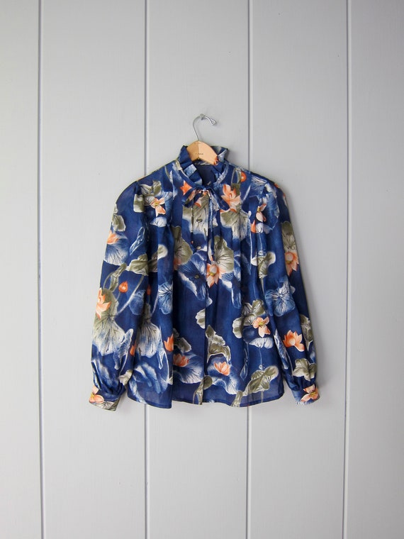 70s Button Up Floral Blouse | Long Sleeve Ascot T… - image 2