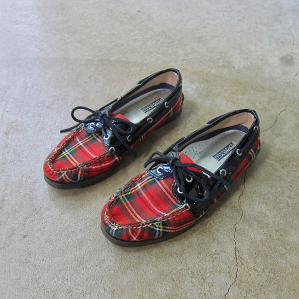 90s Sperry Top Sider Tartan Deck Shoes Moccasins | Red Plaid & Patent Leather Holiday Shoes Womens 8