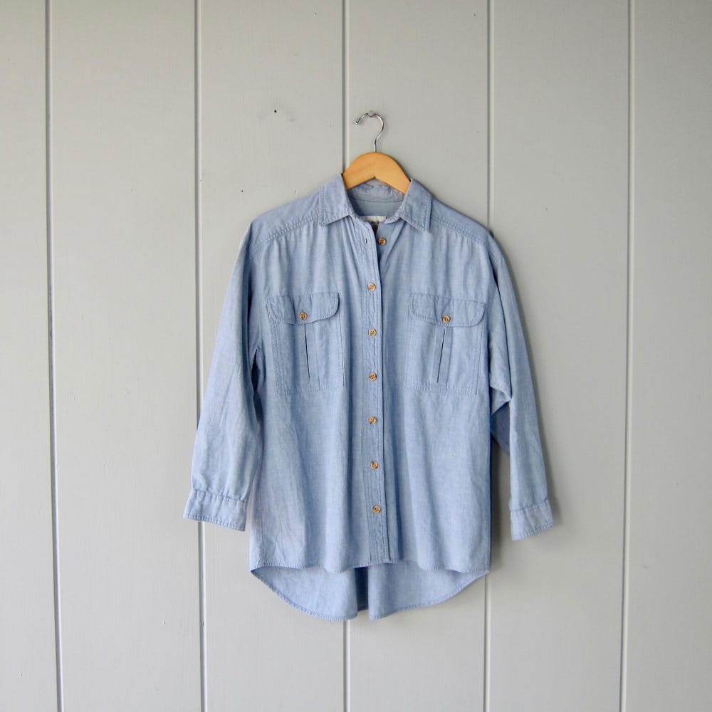 80S Vintage Blue Chambray Shirt Button Up Cotton Jean Shirt Printhoodies