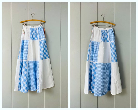 70s Patchwork Maxi Skirt Vintage Blue White Beverly Page Broomstick Skirt High Waist Bohemian Peasant Quilted Skirt Deadstock CJ