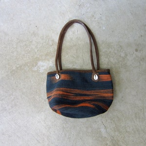 Vintage Small Jute Bag | Leather Shoulder Strap Market Tote | Black Orange Straw Beach Bag | Hippie Boho Summer Woven Jute Bag with Shells