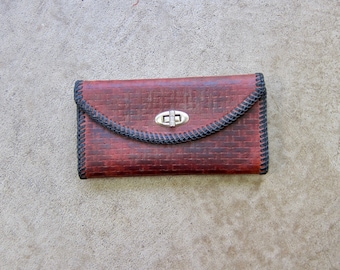 70s Tooled Leather Wallet | Brown Green Leather Stitched Wallet