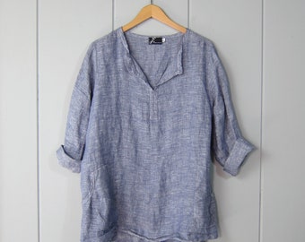 Chemise oversize en lin bleu denim | Tunique d'été en lin à manches longues pour femme des années 90 | Chemisier Fenini en lin avec poche pour les mains XL