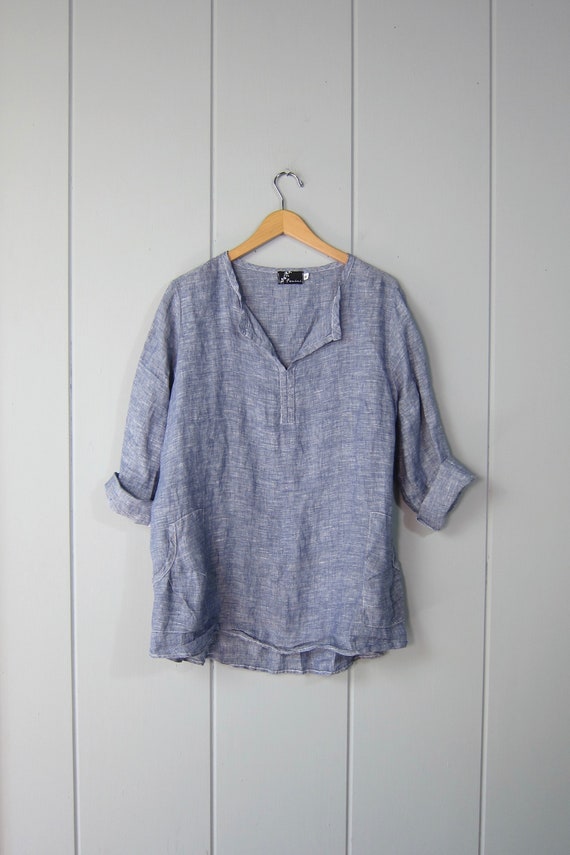 Oversized Denim Blue Linen Pullover Shirt | 90s L… - image 1