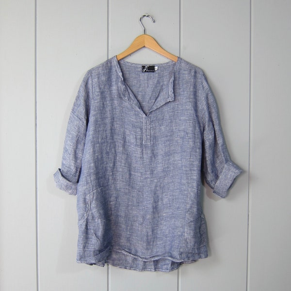 Oversized Denim Blue Linen Pullover Shirt | 90s Long Sleeve Women's Linen Summer Tunic Top | Fenini Linen Hand Pocket Blouse XL