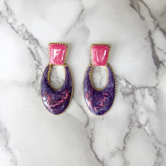 80s Pink Purple Drop Earrings | Vintage Glamour D… - image 1
