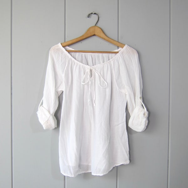 White Cotton Gauze Blouse | Minimal Airy Soft Cotton Peasant Shirt | White Boho Blouse with Scoop Neck & Tie