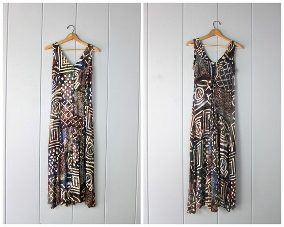 90s Tribal Boho Sun Dress | Long Button Down Color