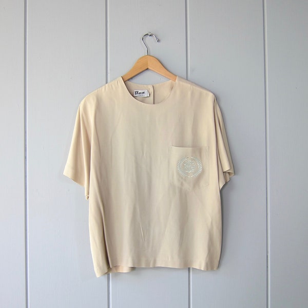 80s Boxy Oversized Tee | Cap Sleeve Taupe Top | Minimal Pocket Crest Shirt