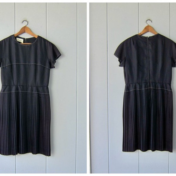 1950s Jack Stern Dress | Black Pleated Mid Century Dress | Vintage Modern Cocktail Dress