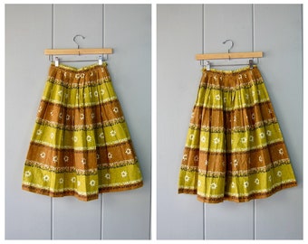 50s Cotton Circle Skirt | Gathered High Waist Skirt | Vintage Mexican Oaxaca Inspired Yellow Sun Print Skirt XS - CJ