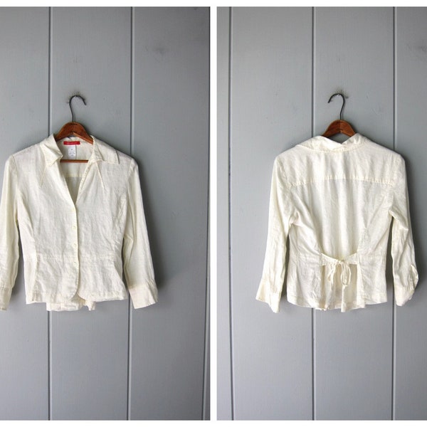 Modern Soft White Linen Blouse | 90s Anne Klein Button Up Blouse | Cropped Linen Collared Top with Back Tie