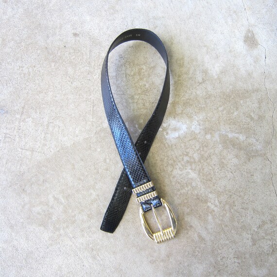 80s Black Real Snake Skin Leather Belt | Vintage … - image 1