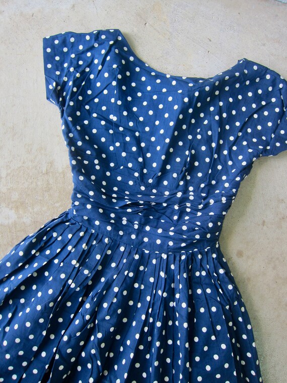 50s Blue White Polka Dot Day Dress | Vintage 1950… - image 5