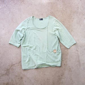 90s Pale Green Ribbed Tunic Top: Oversized Cotton Half Sleeve Shirt