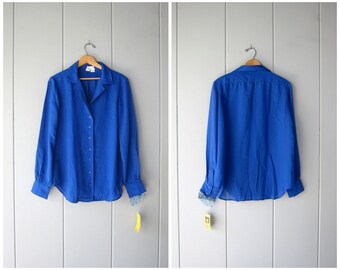 70s Anne Klein Cobalt Blue Blouse | Modern Long Sleeve Shirt | Vintage Button Up Secretary Blouse | 1970s Sheer Poplin - CJ