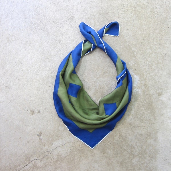 80s Color Block Print Silk Scarf | Modern Blue Green Silk Scarf | Square Silk Neck Scarf | Modern Silk Scarf